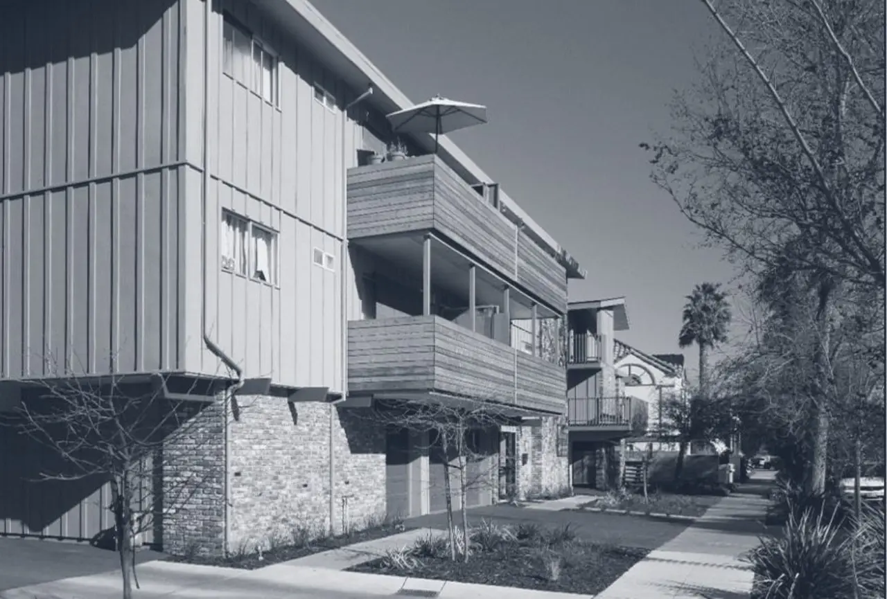 Atherton Green, the rebuilt building in Redwood City, California, seen from the street.